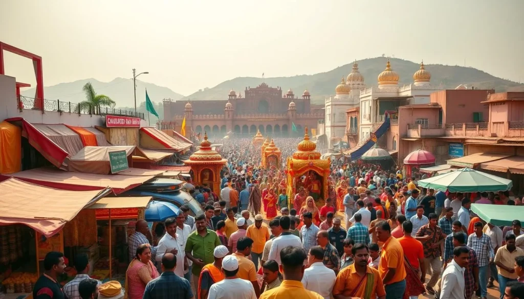 Vibrant festival scenes in Cuttack, Odisha, on a sunny day. A bustling marketplace in the foreground, with colorful stalls selling local handicrafts, textiles, and spices. In the middle ground, a grand procession of ornately decorated chariots and dancers in traditional costumes, surrounded by a cheerful crowd. The background showcases the city's historic architecture, including the iconic Barabati Fort and Dhauli Hills, bathed in warm, golden light. The atmosphere is lively and celebratory, capturing the essence of Cuttack's vibrant cultural heritage.