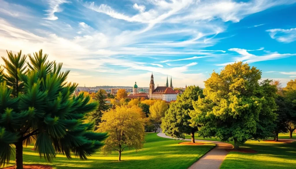Vibrant four-season landscape of Vilnius, Lithuania. In the foreground, a lush, verdant park with swaying trees and a winding path. In the middle ground, the iconic towers and spires of Vilnius' Old Town, bathed in warm, golden sunlight. The background features a dramatic sky, transitioning from clear blue to wispy clouds, hinting at the city's distinct temperature variations throughout the year. The scene evokes a sense of tranquility and the natural beauty that encompasses Vilnius' distinct four seasons.