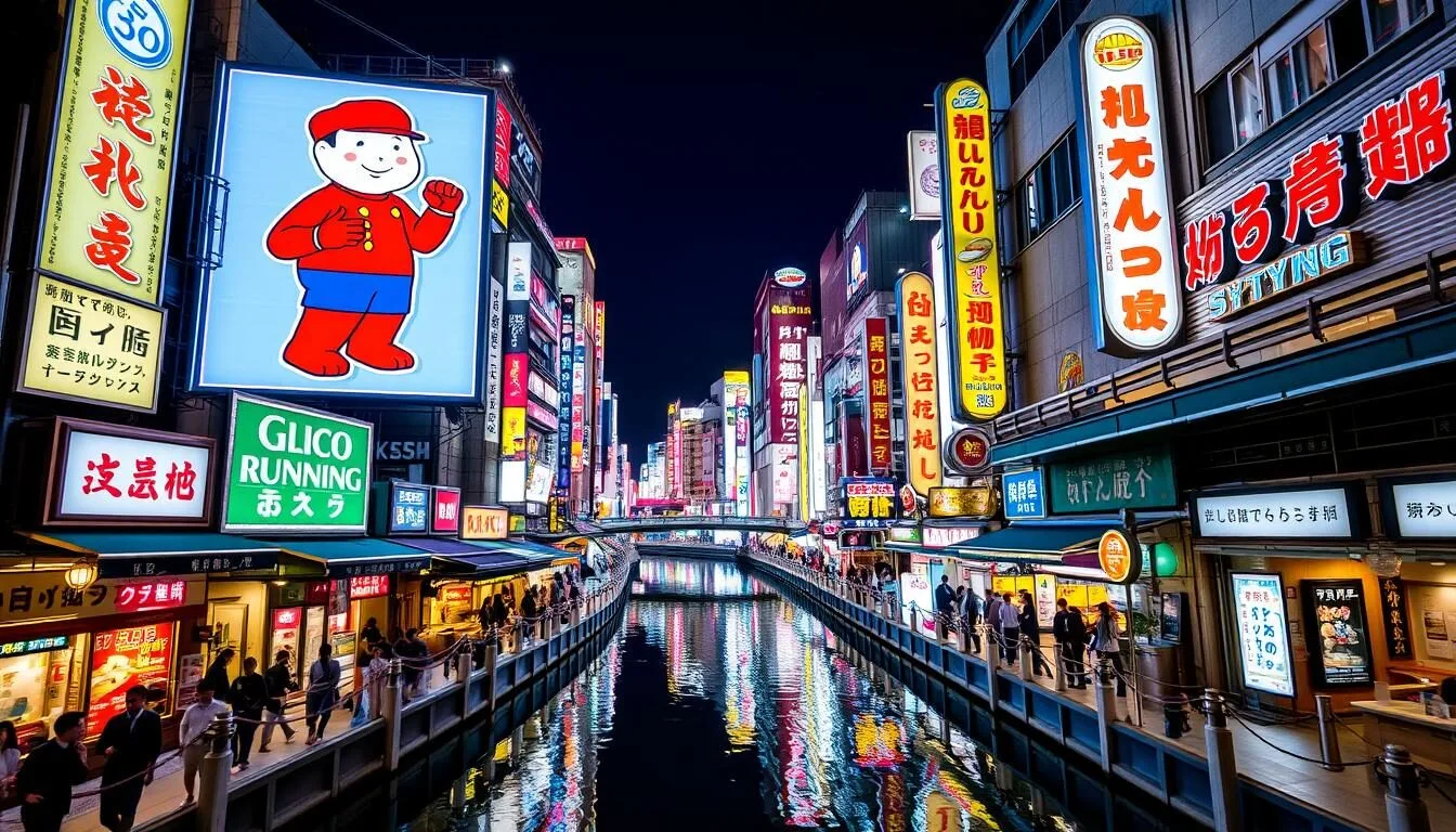 Vibrant night scene of Dotonbori district in Osaka City with neon signs reflecting in the canal, including the famous Glico Running Man sign
