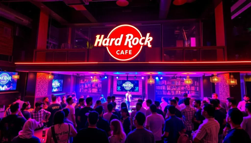 Vibrant nightlife scene at Hard Rock Cafe in Pune with live music performance and energetic crowd Vibrant nightlife scene at Hard Rock Cafe in Pune with live music performance and energetic crowd