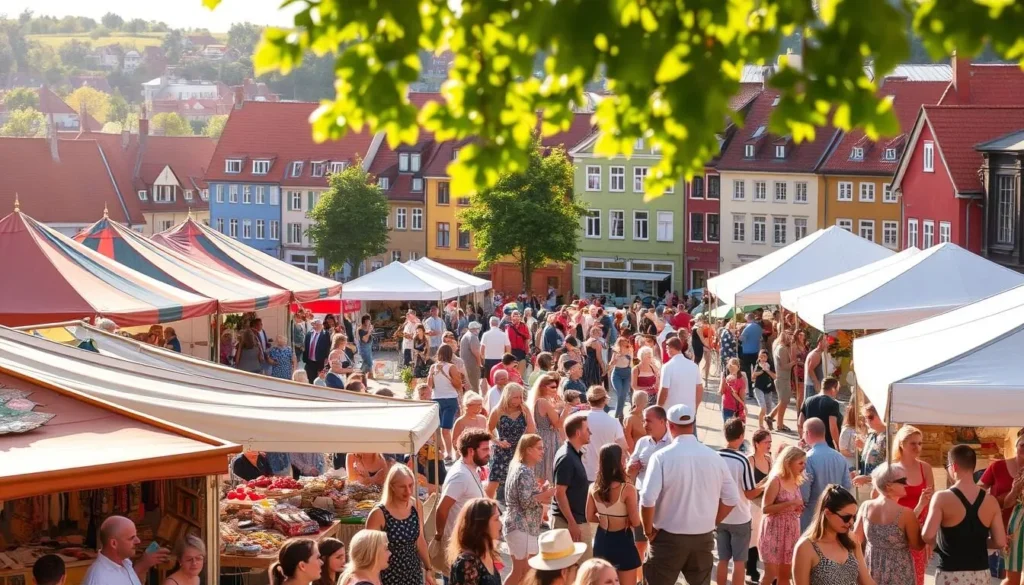 Vibrant summer festivities in the picturesque town of Ystad, Sweden. A bustling town square filled with colorful tents, live music, and joyful locals. In the foreground, stalls selling traditional crafts and artisanal goods. In the middle ground, people browsing the wares, sampling local delicacies, and dancing to the rhythm of the band. In the background, the historic buildings of Ystad's old town, bathed in warm, golden sunlight. Capture the lively atmosphere and sense of community as the town celebrates its rich cultural heritage on a beautiful summer day.