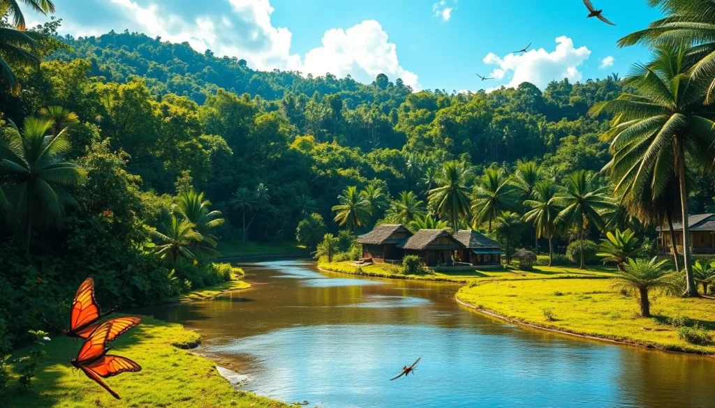 Vibrant tropical landscape in French Guiana during September. Lush verdant rainforest fills the background, with sunlight filtering through the canopy. In the foreground, a winding river reflects the azure sky, its calm waters punctuated by colorful butterflies and dragonflies. The middle ground features a small traditional village, its thatched-roof buildings nestled among palm trees. Warm, golden sunlight bathes the scene, creating a welcoming, serene atmosphere. Realistic, cinematic, highly detailed.