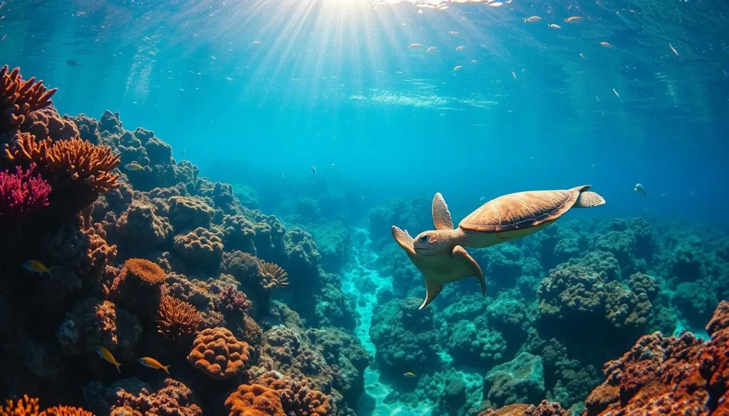 Vibrant underwater paradise of Los Roques Archipelago, Venezuela. Lush coral reefs teeming with diverse marine life - schools of tropical fish, graceful sea turtles, and mesmerizing rays gliding through the crystal-clear Caribbean waters. Sunlight filters through the surface, casting a warm glow on the scene. Capture the essence of this natural wonder with a wide-angle lens, showcasing the breathtaking beauty and tranquility of this enchanting underwater realm.