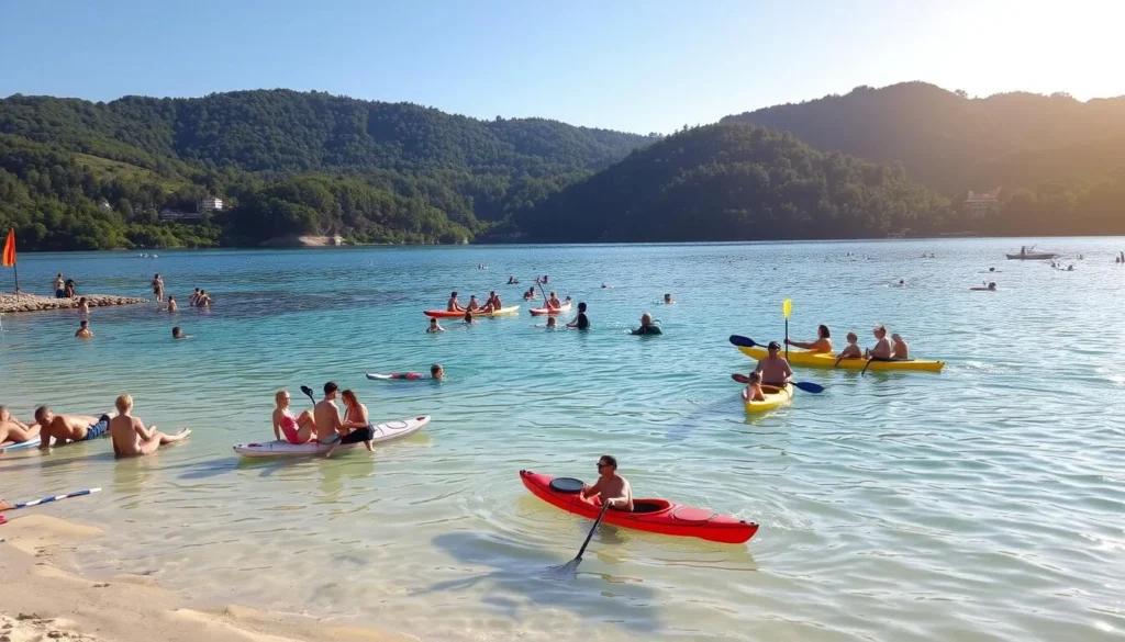 Vibrant water activities at the picturesque Rozkos Reservoir in Czechia. A serene scene with people swimming, kayaking, and paddleboarding on the glistening turquoise waters. In the foreground, sunbathers relax on the sandy beach, while in the middle ground, a group of friends launch their colorful kayaks into the lake. The background showcases the lush, verdant hills surrounding the reservoir, bathed in warm, golden afternoon sunlight. The atmosphere is one of tranquility and outdoor recreation, inviting viewers to imagine themselves immersed in the natural beauty and rejuvenating waters of this Czech gem.