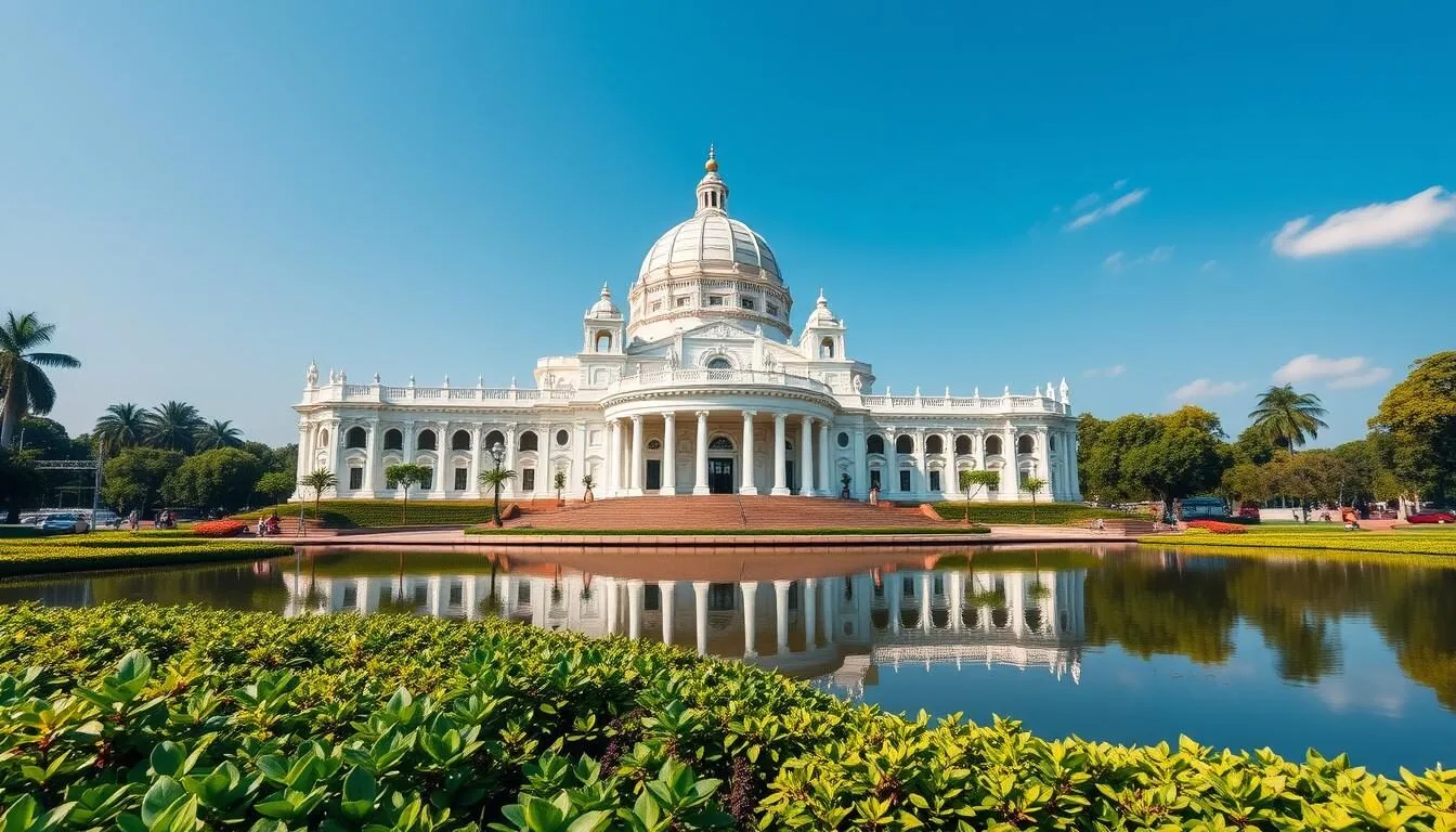 Victoria Memorial Hall in Kolkata with its white marble dome reflecting in the water, surrounded by lush gardens on a sunny day