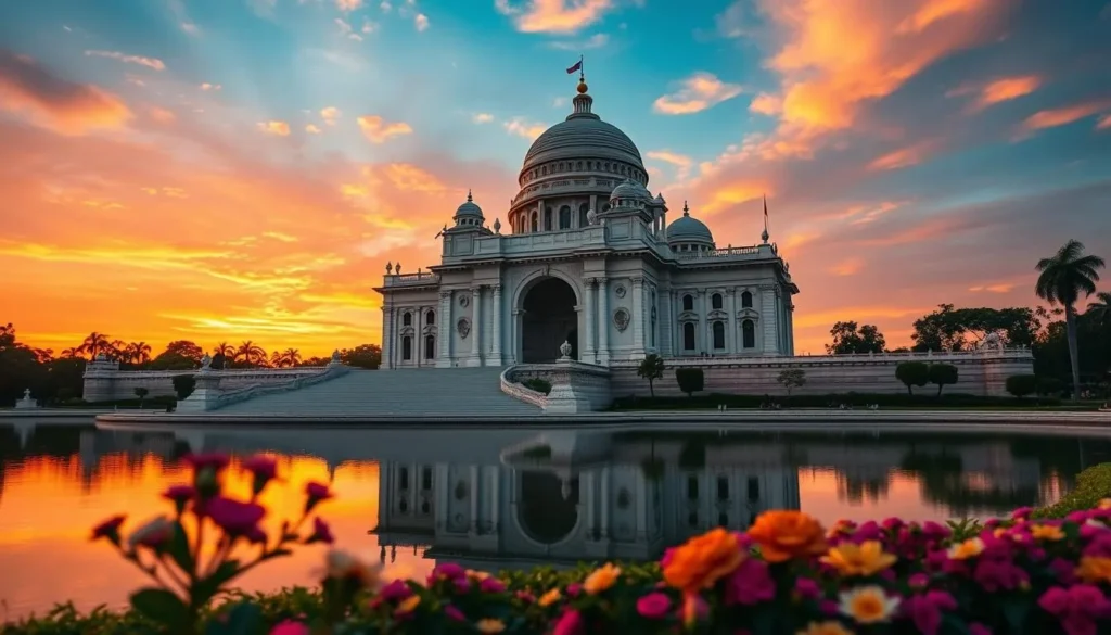 Victoria Memorial in Kolkata at sunset with its white marble architecture glowing in golden light Victoria Memorial in Kolkata at sunset with its white marble architecture glowing in golden light