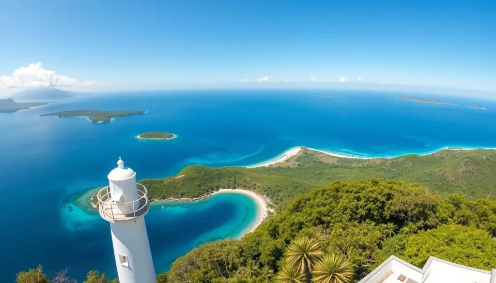 View from Apo Island lighthouse showing panoramic vistas of the surrounding Tanon Strait and coastline View from Apo Island lighthouse showing panoramic vistas of the surrounding Tanon Strait and coastline
