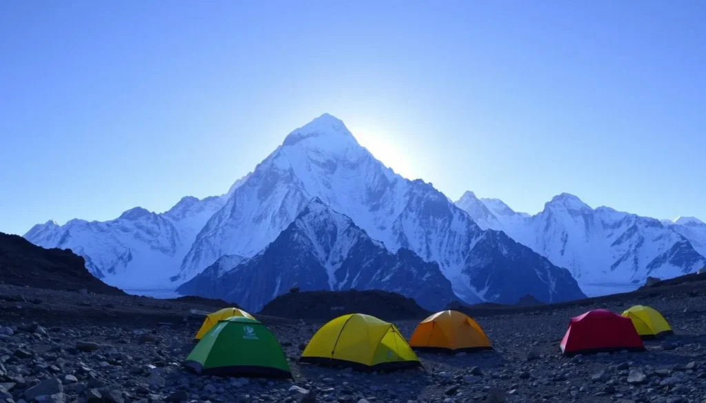 View of K2 from Broad Peak Base Camp with expedition tents visible in the foreground