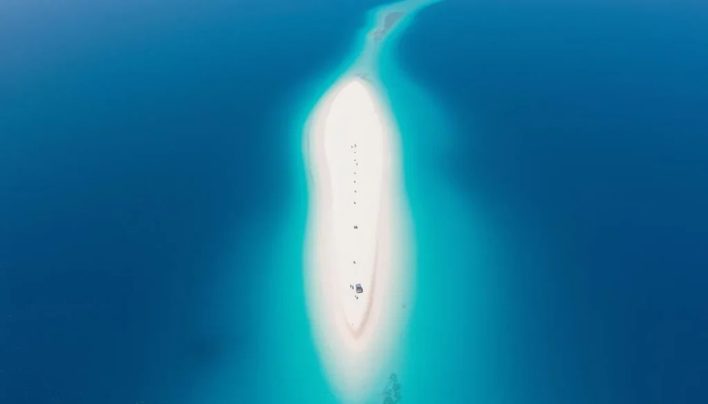 View of Kalanggaman Island's famous sandbar from above, showing the long stretch of white sand extending into turquoise waters