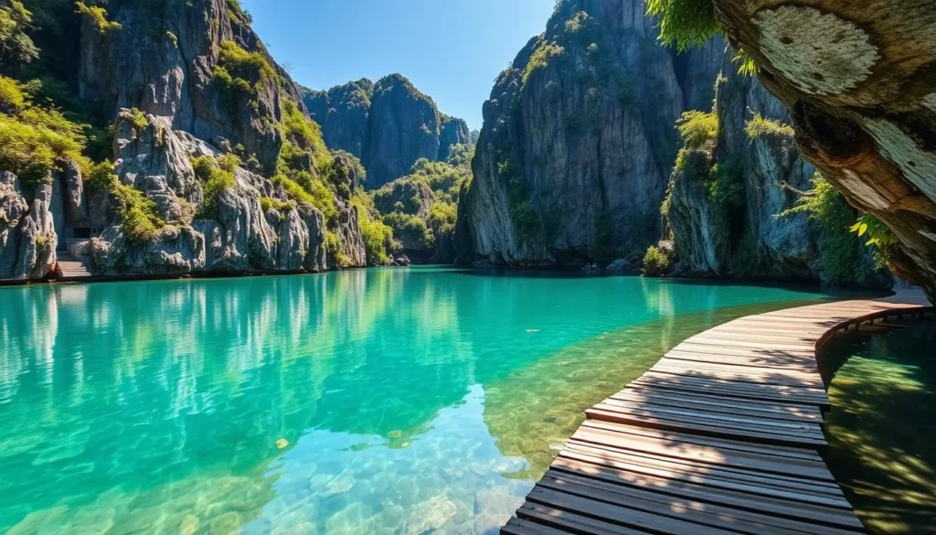 View of Kayangan Lake on Coron Island, Philippines, showing crystal clear waters surrounded by limestone cliffs