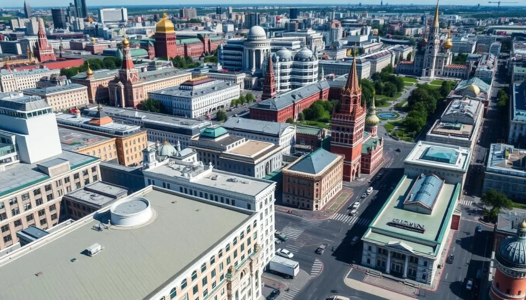 View of Moscow city center with hotels and landmarks visible View of Moscow city center with hotels and landmarks visible