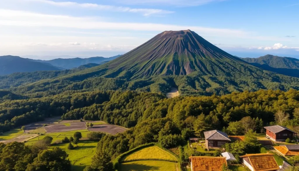 View of Mount Unzen on Shimabara Peninsula with its volcanic peak and surrounding forests