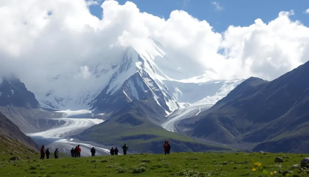 View of Rakaposhi mountain from the base camp with trekkers in the foreground