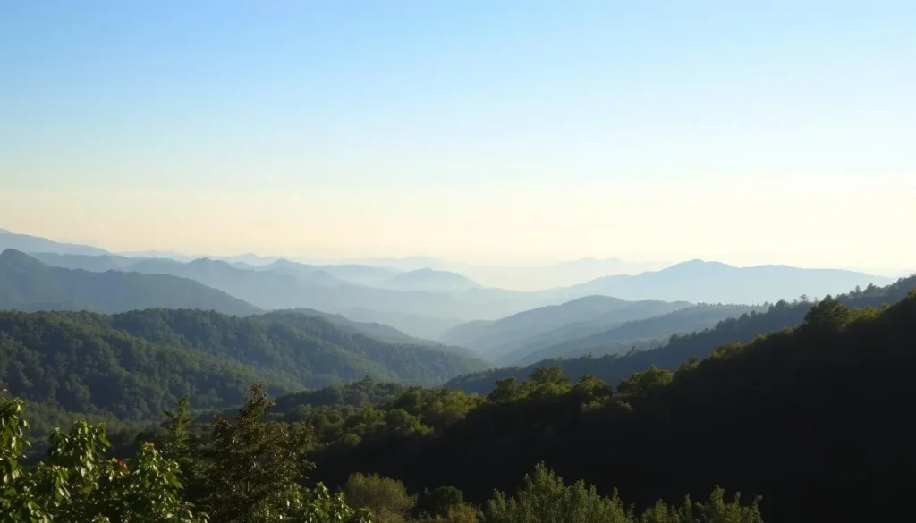 View of the Great Smoky Mountains National Park near Dollywood with misty mountains in the background