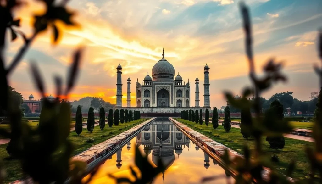 View of the Taj Mahal from Mehtab Bagh garden across the Yamuna River at sunset