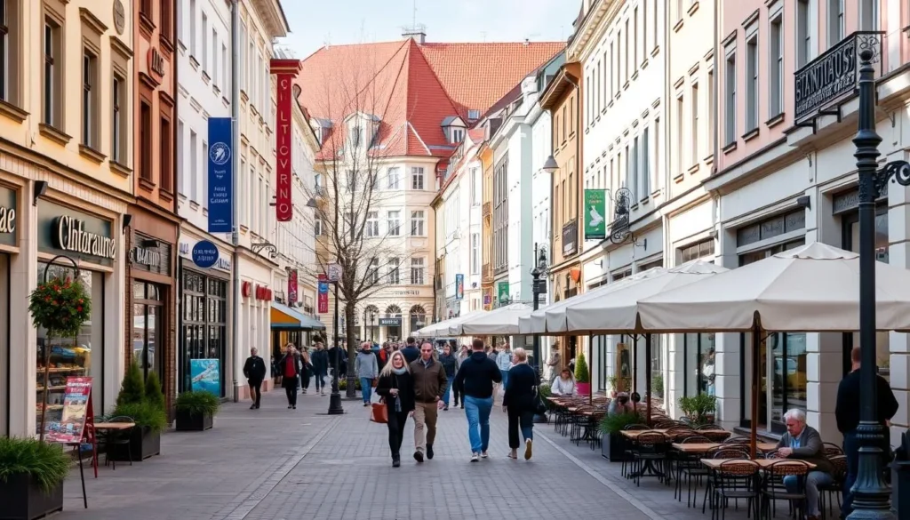 Vilniaus Gatve pedestrian boulevard in Siauliai, Lithuania, with shops and cafes