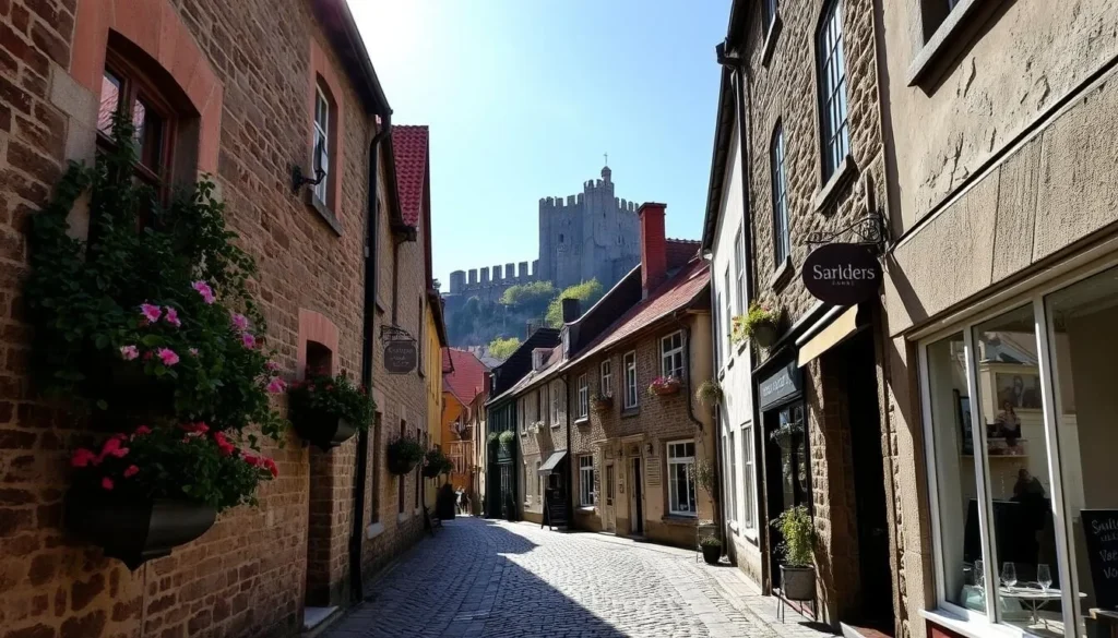 Visby medieval alley, a picturesque pathway winding through the charming old town. Sunlight filters through the narrow streets, casting a warm glow on the well-preserved stone facades and cobblestone underfoot. Lush foliage cascades from flower-filled window boxes, adding pops of color to the scene. In the distance, the iconic medieval walls and towers of Visby loom, a testament to the city's rich history. Quaint shops and cafes line the alley, their inviting storefronts beckoning visitors to explore the enchanting atmosphere. The mood is one of peaceful tranquility, inviting the viewer to wander and discover the timeless beauty of this medieval Swedish gem.