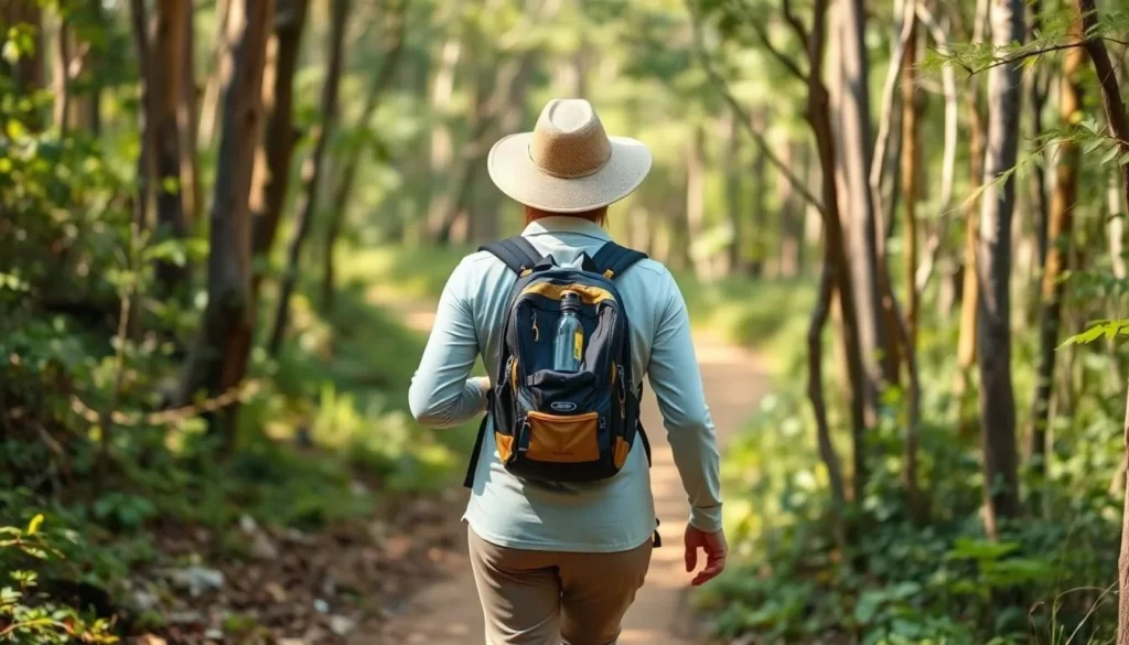 Visitor carrying proper hiking gear and water bottle on a trail in Baroiyadhala National Park