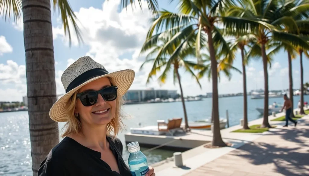 Visitor enjoying West Palm Beach waterfront with travel essentials Visitor enjoying West Palm Beach waterfront with travel essentials