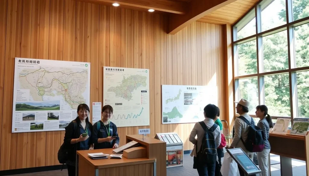 Visitor information center in Nikko National Park with maps and helpful staff assisting tourists