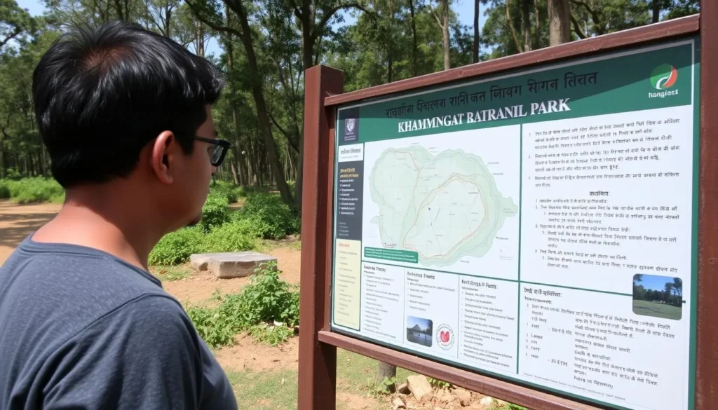 Visitor looking at an information board at Khadim Nagar National Park Bangladesh