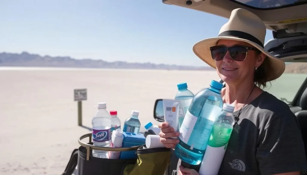 Visitor preparing for a day at the Salton Sea with water bottles, hat, and sunscreen Visitor preparing for a day at the Salton Sea with water bottles, hat, and sunscreen