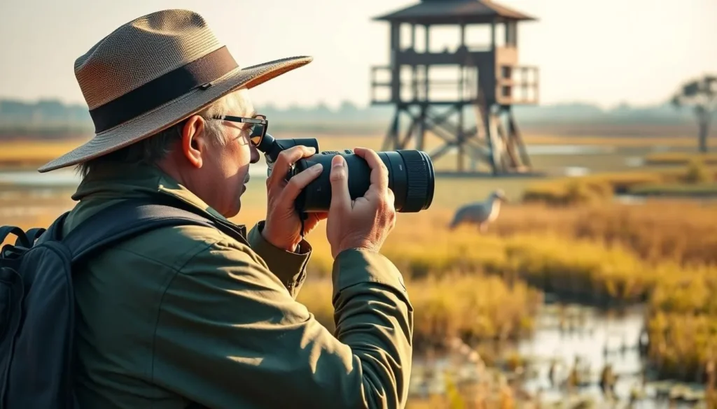 Visitor using binoculars and camera with telephoto lens for birdwatching at Baikka Beel