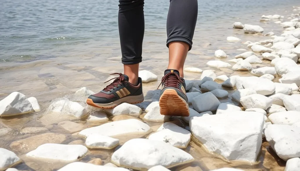 Visitor walking carefully on the white stones of Bholaganj Lake wearing appropriate footwear