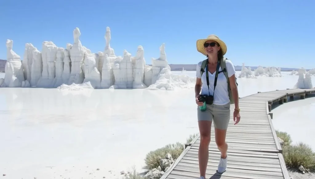 Visitor walking on boardwalk at Mono Lake with sun protection Visitor walking on boardwalk at Mono Lake with sun protection