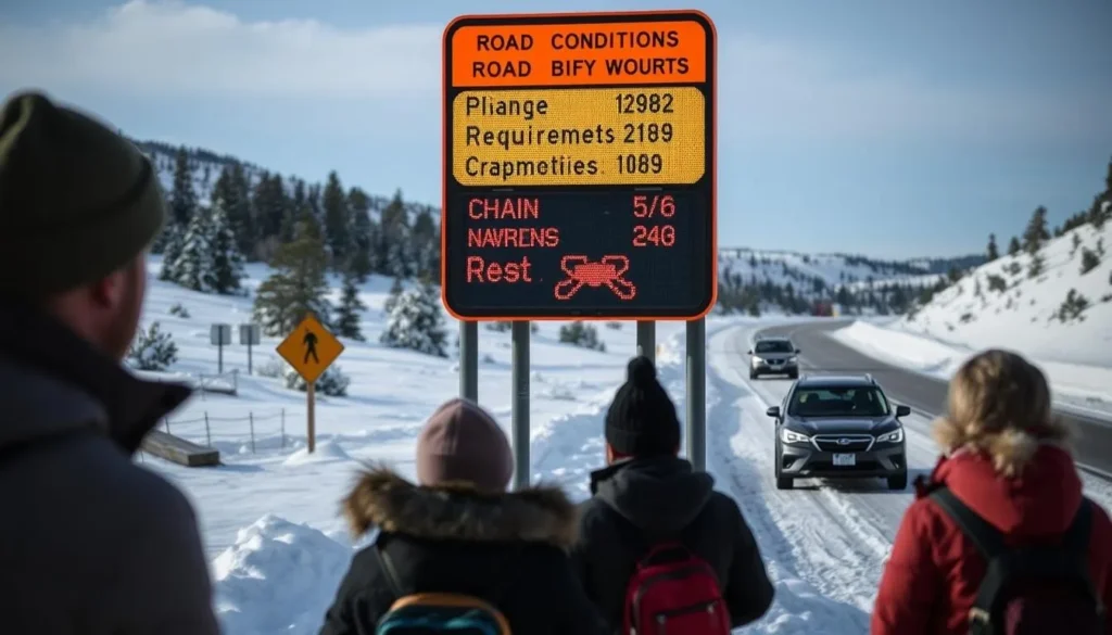 Visitors checking road conditions before driving to Big Bear in winter, an important preparation for Big Bear California things to do