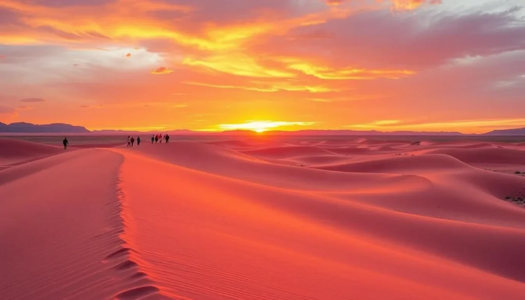 Visitors enjoying Coral Pink Sand Dunes State Park, Utah during sunset with golden light on the dunes Visitors enjoying Coral Pink Sand Dunes State Park, Utah during sunset with golden light on the dunes