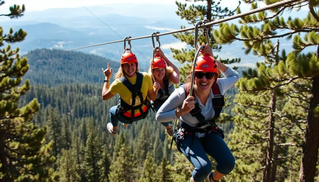 Visitors enjoying the Action Zipline Tours through the forest canopy, an exciting Big Bear California things to do adventure