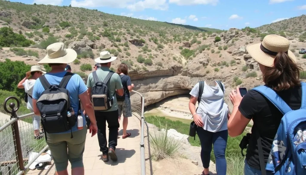 Visitors exploring Big Spring National Park with proper gear including hats and comfortable shoes