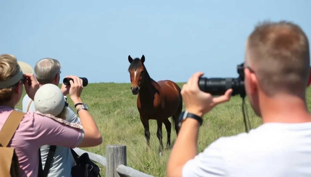 Visitors observing wild horses from a safe distance on Assateague Island Maryland