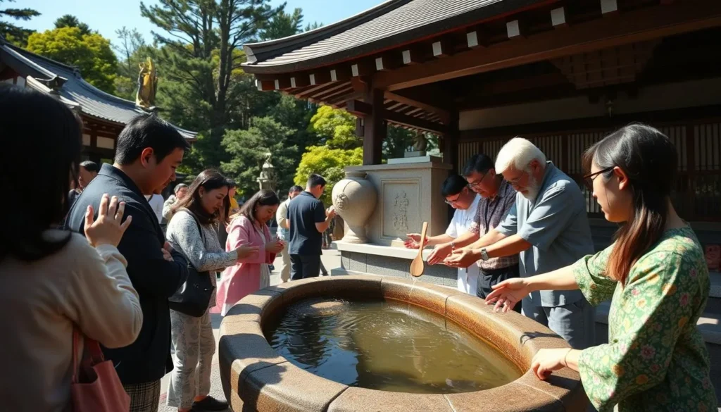 Visitors purifying their hands at a chozuya water basin before entering a Nikko shrine Visitors purifying their hands at a chozuya water basin before entering a Nikko shrine