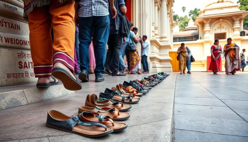 Visitors removing shoes before entering a temple in Kolkata, showing respect for local customs Visitors removing shoes before entering a temple in Kolkata, showing respect for local customs