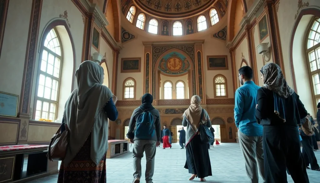 Visitors respectfully exploring a local mosque in Faisalabad with appropriate attire