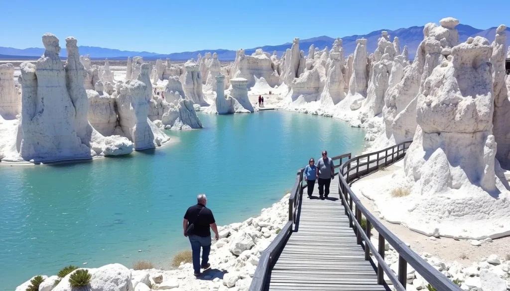 Visitors walking on boardwalk through Mono Lake South Tufa area Visitors walking on boardwalk through Mono Lake South Tufa area