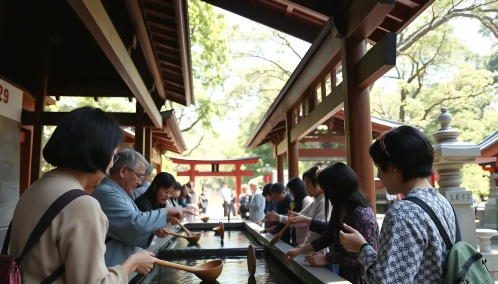 Visitors washing hands at a traditional water pavilion (chozuya) at a Fukuoka shrine