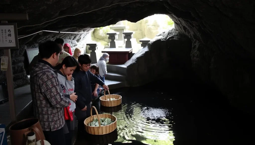 Visitors washing money at the sacred spring of Zeniarai Benten Shrine in Kamakura Visitors washing money at the sacred spring of Zeniarai Benten Shrine in Kamakura