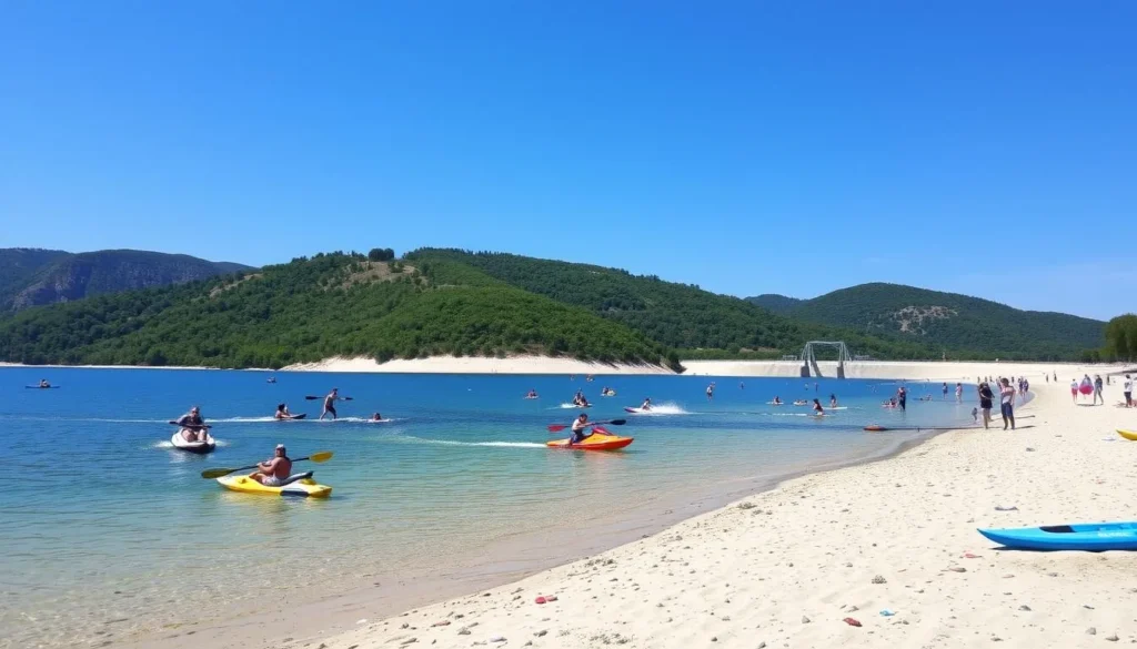 Vranov Dam and Beach with people enjoying water sports