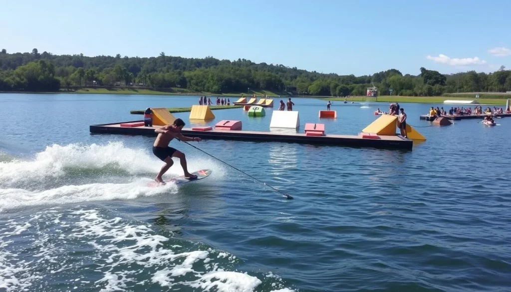 Wakeboarder performing tricks at CamSur Watersports Complex in Bicol, Philippines with cable system visible and spectators watching Wakeboarder performing tricks at CamSur Watersports Complex in Bicol, Philippines with cable system visible and spectators watching