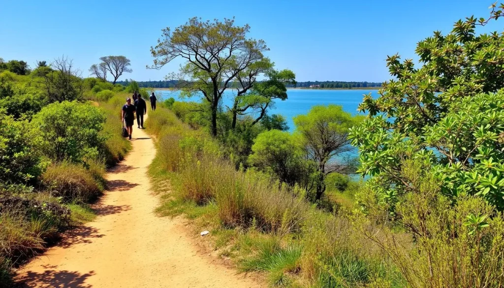 Walking trail around Altadighi lake with visitors enjoying the scenery in Bangladesh Walking trail around Altadighi lake with visitors enjoying the scenery in Bangladesh