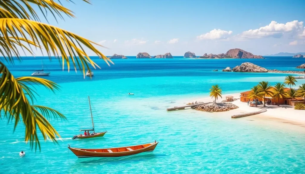 Warm sunny day in the idyllic Los Roques Archipelago, Venezuela. Turquoise waters gently lapping against powdery white sand beaches, framed by verdant palm trees swaying in the sea breeze. In the foreground, a small wooden boat drifts lazily, its occupants enjoying the tranquil island paradise. The middle ground features a picturesque island village, with colorful stucco buildings and locals going about their daily lives. The background showcases the stunning natural beauty of the archipelago, with rocky cliffs and distant islands dotting the horizon under a cloudless, vibrant blue sky. Capture the essence of the ideal time to visit this Caribbean gem.