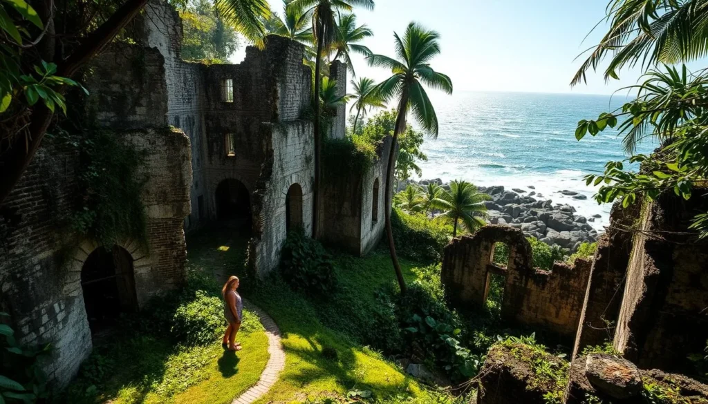 Weathered ruins of the former Ilha Anchieta prison, nestled amidst lush tropical foliage on a secluded island off the coast of Brazil. Sunlight filters through the crumbling walls, casting dramatic shadows across the overgrown pathways. Overgrown vines and moss cling to the decaying structures, hinting at the passage of time. In the distance, the sparkling ocean gently laps against the rocky shoreline, creating a serene and melancholic atmosphere. A solitary figure stands amid the ruins, contemplating the history and stories held within these abandoned walls.