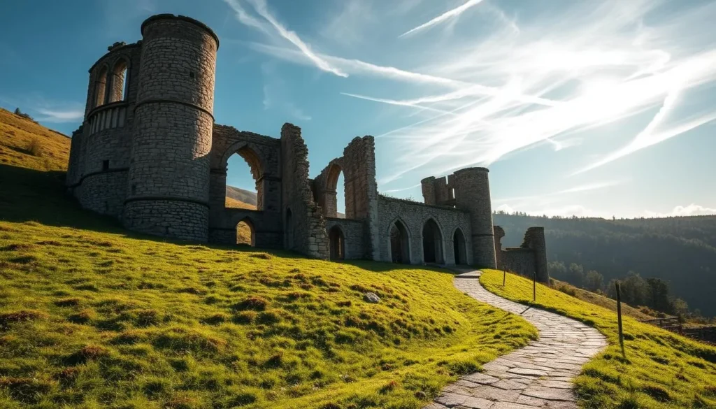 Weathered stone ruins of a medieval castle standing tall amidst lush, verdant hillsides. Crumbling towers and archways cast dramatic shadows as warm sunlight filters through. Moss-covered walls and cracked foundations hint at the structure's storied past. In the foreground, a winding path leads visitors through the tranquil, historic site, inviting exploration. Wispy clouds drift overhead, lending an air of timeless serenity to the picturesque landscape. The scene captures the essence of Krivoklat Highlands' captivating blend of natural beauty and historical significance.