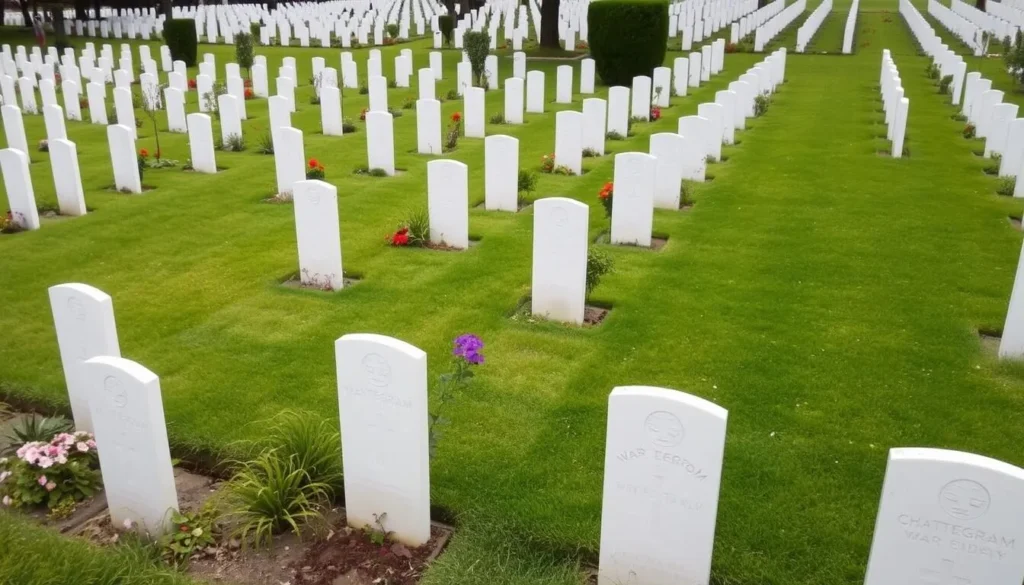 Well-maintained grounds of the Chattogram War Cemetery with neat rows of headstones