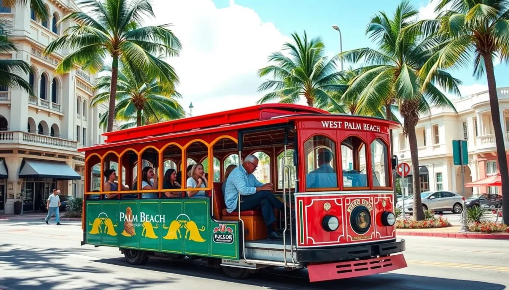 West Palm Beach Trolley with passengers exploring downtown West Palm Beach Trolley with passengers exploring downtown