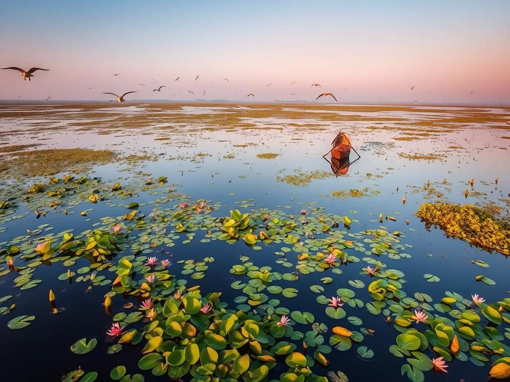 Wetland ecosystem of Tanguar Haor with water lilies and birds