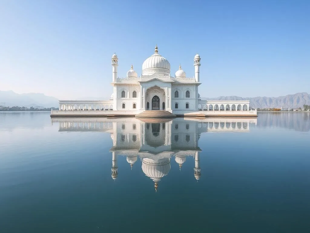 White marble Hazratbal Shrine reflecting in the waters of Dal Lake